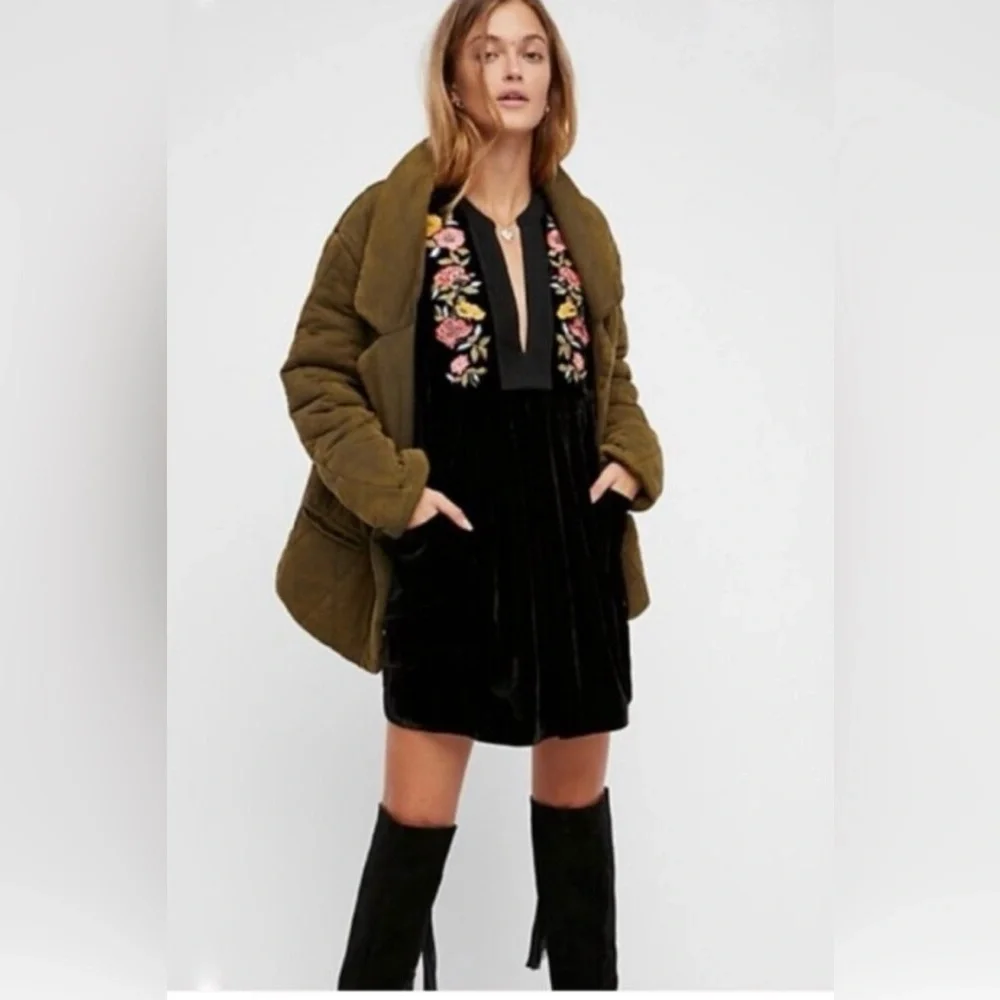 Free People Mia Embroidered Black Velvet Tunic Dress Size XS